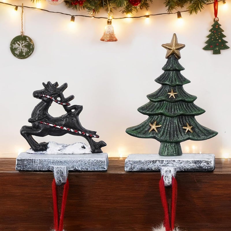 IGOHEALS Stocking Holders for Mantle – 3D Christmas Stocking Holder Heavy Duty Cast Iron Garland Hangers for Mantel with Non-Slip Base | Xmas Decor, Sturdy Fireplaces Hook (Tree and Deer) - Image 1